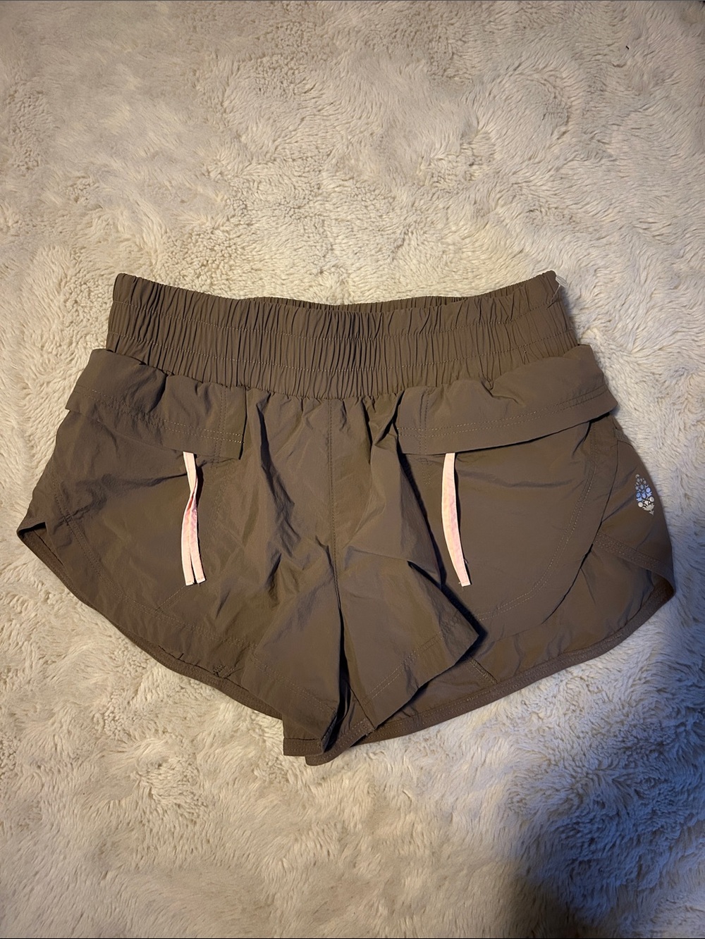 Free People Women’s Brown Active Shorts Pink Zipper Pocket Strings Lined NWOT